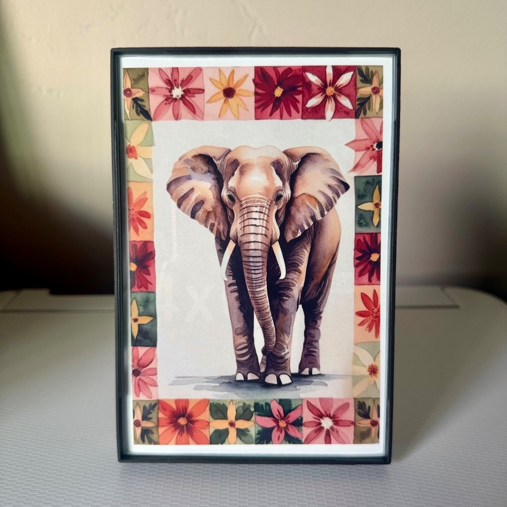 4x6" Vibrant Elephant Art Print with Floral Accents -unframed
